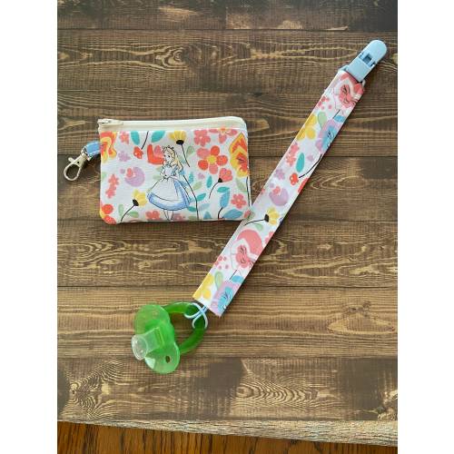 Pacifier Clip Alice in Wonderland Pacifier Leash and Small Zipper Bag Set