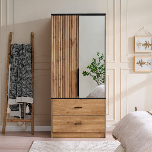 Ebern Designs 71" H Armoire Wardrobe Wood Cabinet With 2 Drawers and Mirror | Wayfair