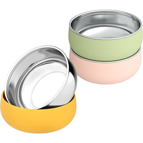 Stainless Steel and Silicone Baby Bowls 3 Packs 4.3” Kids Feeding,Non-Toxic&Lead-Free&Mess Free Toddler Bowl Set,Dishwasher Safe&Extra Strong Base&Fit Highchar Size,yellow mint green Khaki