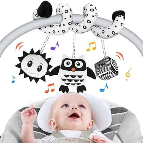 Car Seat Toys for Babies - Stroller Hanging Toy for Newborns, Black and White High Contrast Car Seat Spiral Toys Gift for 0 3 6 12 Months Infants Babies (Owl)