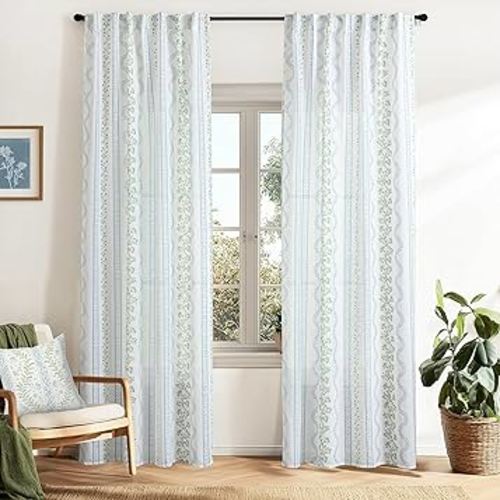 Cottagecore Sheer Linen Printed Curtains 96 Inches Long 2 Panels Set,Floral Patterned Pretty Grand Millenial Fairy Coquette Room Decor Floor Length to Ceiling Curtains for Living Bedroom Aesthetic