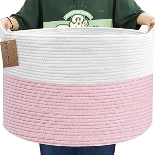 Large Woven Rope Basket With Handles, 23.6”x23.6”x14.1” Basket for Blankets for Living Room, Large Baby Toy Storage Basket, Wicker Woven Big Round Laundry Basket Hamper