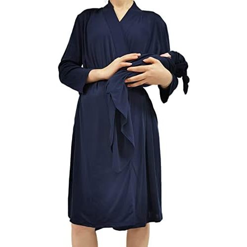 QTECLOR Mommy Robe for Maternity with Matching Swaddle Blanket Girls Boys, Delivery Labor Robe for Hospital Women Dress