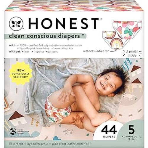 The Honest Company Clean Conscious Diapers | Plant-Based, Sustainable | Wingin' It + Catching Rainbows | Club Box, Size 5 (27+ lbs), 44 Count