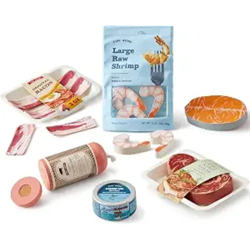 Tiny Land Wooden Play Food for Kids Kitchen, Pretend Food Meat Set Toy | 6PCS Organic Fake Food, Seafood & Meat Set for Kid, Play Kitchen Accessories, Montessori Toy for Boy and Girl