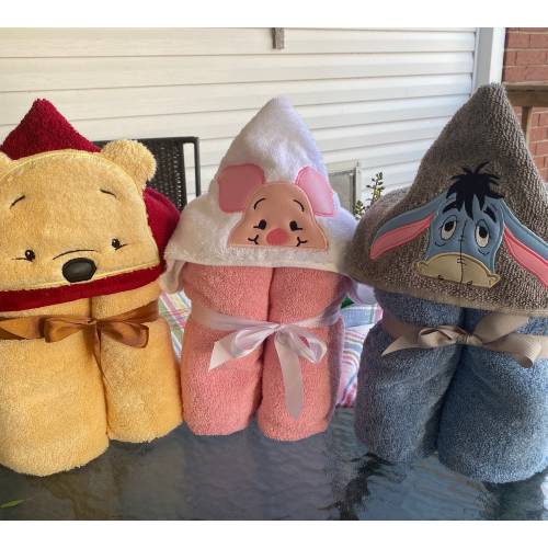 Personalized Embroidered Character Hooded Towel - Honey Bear, Lazy Donkey, Pink Pig, Kessie Plush