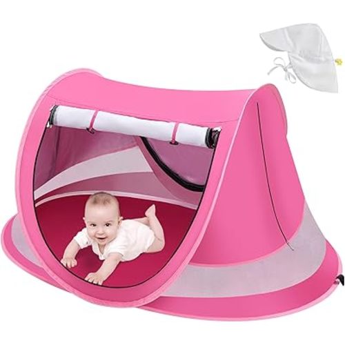 Baby Beach Tent with Baby Hat, Pop Up Toddler Travel Tent with Sun Hat for Boys or Girls, Sun Shade for Toddler Camping, Infant Portable Sun Shade, Summer Beach Baby (Pink Baby Tent with Hat)