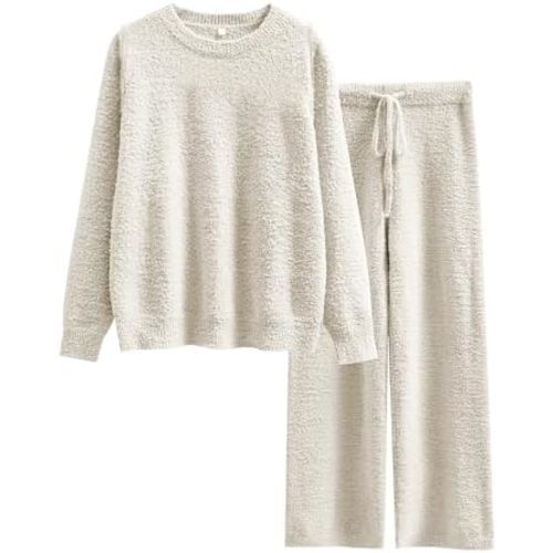 ANRABESS Women's Fuzzy Fleece Pajama Sets 2 Piece Outfits Long Sleeve Top Wide Leg Pants Lounge Matching Set 2025 Fall Winter
