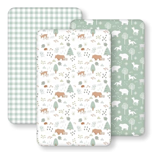 FIEMOL Baby Bedside Bassinet Sheets Fitted, 33”x20” Compatible with Baby Delight Dream On Me & Most Rectangle Bedside Sleeper Bassinet Mattresses, Super Soft Microfiber Green Woodland Bear