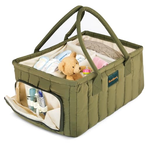 Large Diaper Caddy Organizer with Handle – Baby Basket for Nursery, Car, and Changing Table – Portable Baby Storage with Compartments – Perfect for New Parents and Baby Shower Gifts (Deep Olive Green)