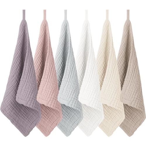 Konssy 6 Pack Baby Muslin Washcloths for Unisex 100% Cotton Wash Cloth Set for Baby Face Body Comfy and Soft for Newborn Infants Kids Girls and Boys - Purple - 11" x 11" (6 Pack)