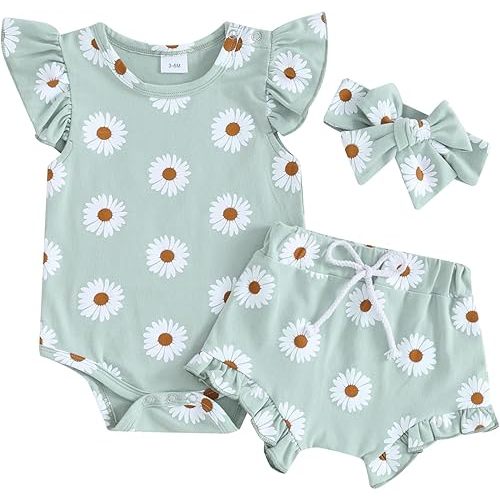 Newborn Baby Girl Summer Clothes Cute Daisy Print Fly Sleeve Romper Ruffle Shorts Headband Set Infant 3Pcs Outfits