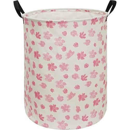 19.7 Inch Pink Flower Canvas Clothes Basket Laundry Hamper with Handles, Storage Basket for Kids Boys Girls Toys Room Bedroom Decor Nursery Home Gift Basket (Flower)