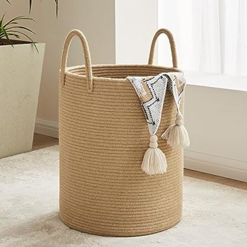 Cotton Laundry Hamper, 58L - Woven Collapsible Storage Basket - Jute Brown