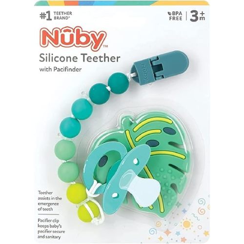 Nuby All Silicone Teether with Bonus Silicone Pacifinder with Clip - 3+ Months, 1pk,Monstera Leaf