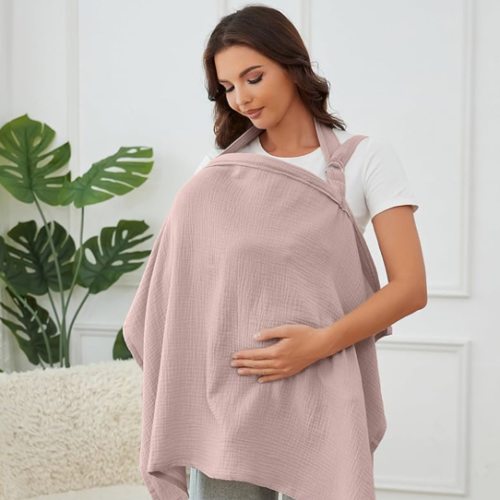 Muslin Nursing Cover for Baby Breastfeeding, Breathable 100% Cotton Breastfeeding Cover with Rigid Hoop for Mother Nursing Apron (Light Pink)