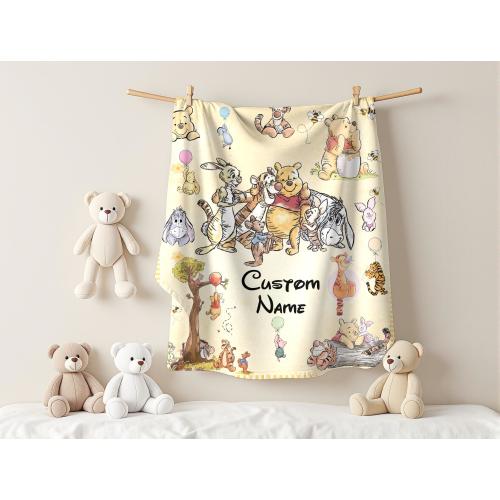 Personalized Baby Blanket, Custom Name Cartoon Blanket, Soft Nursery Throw, Baby Shower Gift, Bear Blanket, Custom Kids Blanket