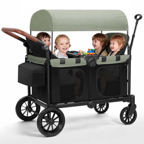 Bobiber Collapsible Wagon Stroller 4 Seater with 5-Point Harnesses, Canopy, Storage Bag, Adjustable Handlebar, 2 Cup Holders, Black+Green
