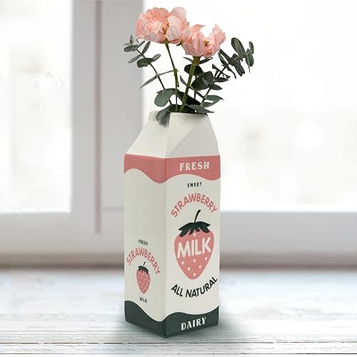 Retro Strawberry Milk Carton vase –Vintage Inspired Kawaii Ceramic vase -Pink Strawberry Flower vase -Cute Accent Decor for Your Home Kitchen Office
