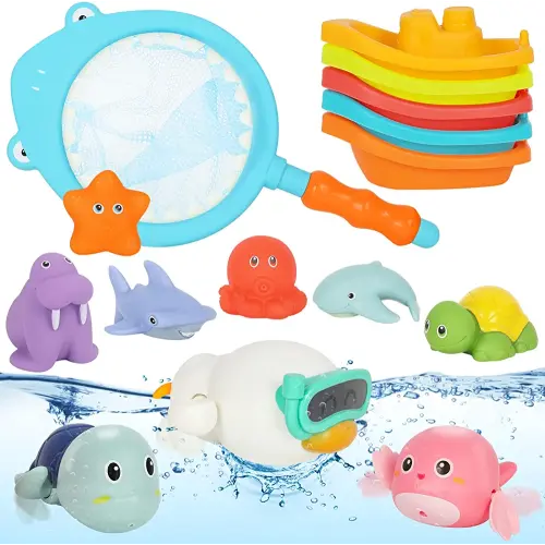 Baby Bath Toys,15Pcs Toddler Bath Pool Toys for 1 2 3 4 5 Year Old Kids, Swimming Bathtub Toys Set with Fishing Net for Infant 6 8 12 18 Months, Great Christmas Birthday Toys Gifts Ideas