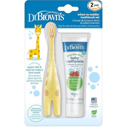 Dr. Brown's Infant-to-Toddler Training Toothbrush Set with Fluoride-Free Baby Toothpaste, Strawberry - Giraffe - 1.4oz - 0-3 years