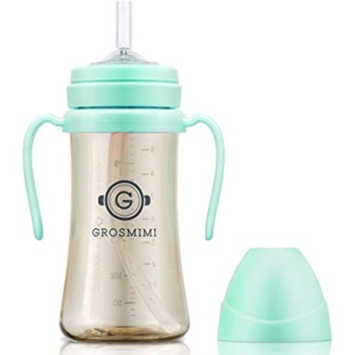 GROSMIMI Spill Proof no Spill Magic Sippy Cup with Straw with Handle for Baby and Toddlers, Customizable, PPSU, BPA Free 10 oz (Aqua green)