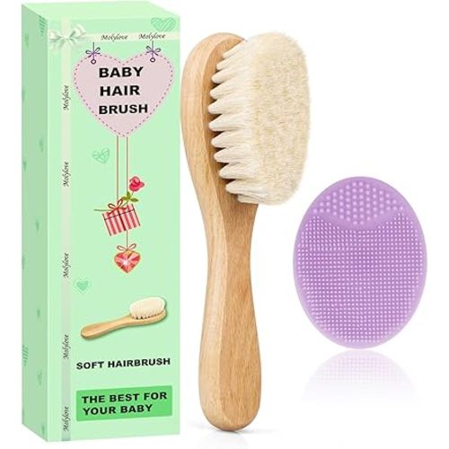 Baby Hair Brush and Purple Cradle Cap Brush Set for Newborns and Toddlers, Wooden Baby Hair Brush Set with Soft Goat Bristle, Baby Hair Care Kit 2PCS