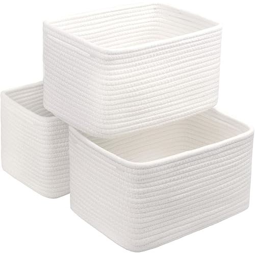 Small Cotton Rope Storage Basket Set of 3-11"x7"x7" Perfect Woven Baskets for Storage, Ideal Storage Baskets for Organizing Toys, Towels, and More - Baskets for Shelves and Home Decor(White)