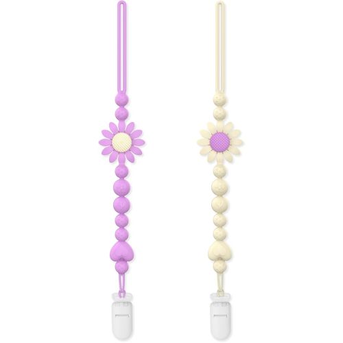 Pacifier Clip, 2 Pack Silicone Pacifier Clip with One Piece Design for Newborn Boys and Girls, Floral Patterns Pacifier Holder Clip Fits for Most Pacifier, Baby Shower and Baby Gift