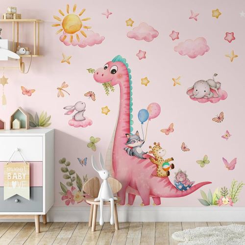 Pink Dinosaur Wall Decals for Girls Room, Sunoyar Dinosaur Wall Stickers Removable, Self-Adhesive DIY Peel & Stick Dino Wall Decal for Girls Baby Nursery Bedroom Living Room