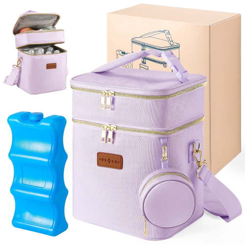 Breast Milk Cooler Travel Bag – Leakproof Insulated Baby Bottle Cooler Bag with Ice Pack, Portable lunch bag, Purple