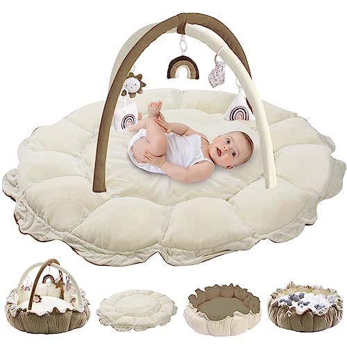 5-in-1 Convertible Baby Play Gym with 6 Toys, Tummy Time Mat for Sensory Development, Baby Activity Center from Newborn to Toddler, Ball Pit, Cat & Dog Bed, Soft Plush Pet Bed, No Ball Included Brown