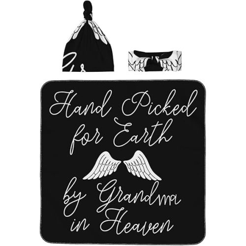 Hand Picked for Earth by Grandpa in Heaven Newborn Baby Swaddle Blanket Beanie Set Infant Soft Stretchy Swaddling Blankets