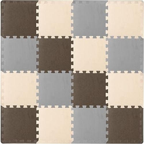 ProSource Foam Puzzle Floor Play Mat for Kids and Babies with Solid Colors, 36 or 16 Interlocking Tiles with Borders, Brown/Beige/Grey