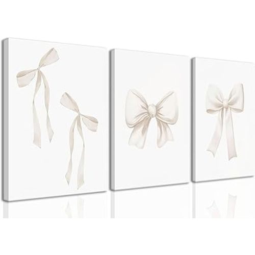 Djmwtb Preppy Bow Canvas Wall Art Beige Coquette Poster Prints Set of 3 Girly Apartment Aesthetic Pictures College Dorm Painting Decor for Girls Bedroom 12x16in Framed