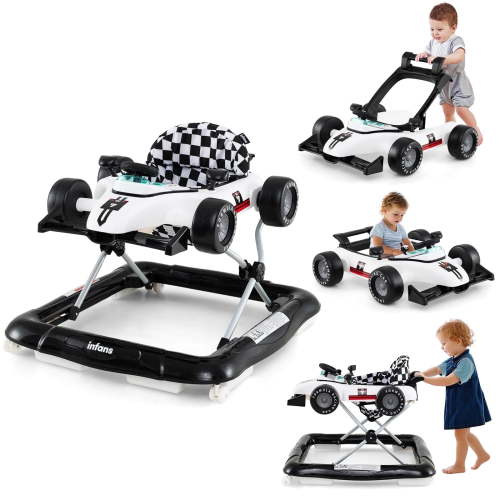 OLAKIDS 4 in 1 Baby Walker, Foldable Toddler Activity Center with Adjustable Height, Padded Seat, Music, Light, Removable Toy Tray, Push Walker for Girls Boys Aged 6-18 Months