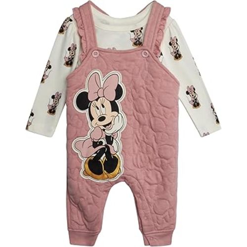 Disney Baby Girls' Minnie Mouse 2 Piece Overall Set - Fleece Romper Long Sleeve T-Shirt Set (Newborn/Infant)