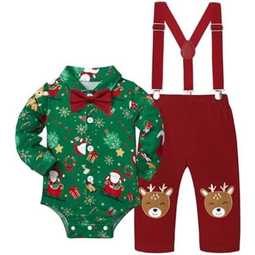 Baby Boy Christmas Outfit My First Christmas Plaid Gentleman Romper + Reindeer Suspender Pants 0-12Months 2Pcs