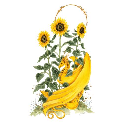 Dragon Art Watercolor Print - Sunflower Dragon - fantasy art. whimsical. flower art. illustration.