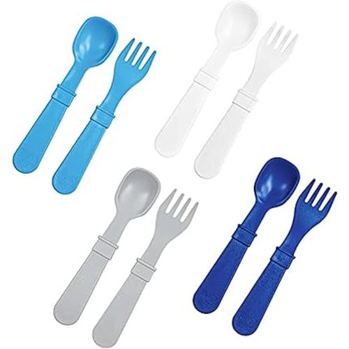 Re-Play Made in USA Toddler Forks and Spoons, Pack of 8 Without Carrying Case - 4 Kids Forks with Rounded Tips and 4 Deep Scoop Toddler Spoons - 0.2" Thick Toddler Utensils, Modern Blue