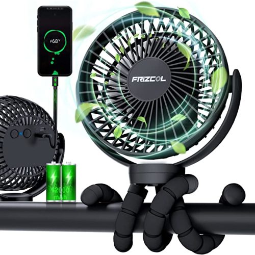 FRIZCOL Portable Stroller Fan, Use As Power Bank, 55H 12000mAh Battery Operated Fan Flexible Tripod Baby Car Seat Fan, Personal Mini Handheld/Desk/Small Clip On Fans For Stroller, Carseat (Black)