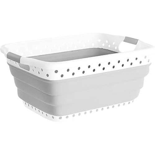 Collapsible Plastic Laundry Basket - Space-Saving Container with Comfort Grip Handles for Laundry Room Organization and Storage by Lavish Home (Gray)