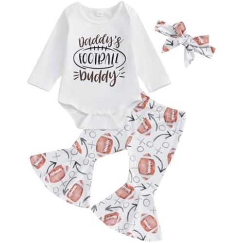 Newborn Baby Girl Football Outfits Daddy’s Football Buddy Long Sleeve Romper Flare Pants Headband Set Fall Clothes