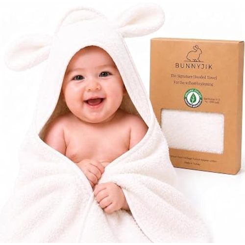 Organic Cotton Hooded Baby Towel 30x30 Newborn, Little Lamb White