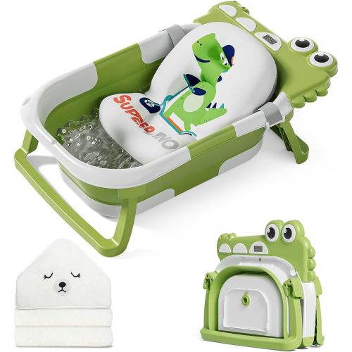 MoreFeel Collapsible Baby Bathtub for Newborn with Thermometer & 1 Hooded Towel & 1 Soft Floating Cushion,Portable Travel Bathtub with Drain Hole, Durable Foldable Baby Tubs for Infants to Toddler