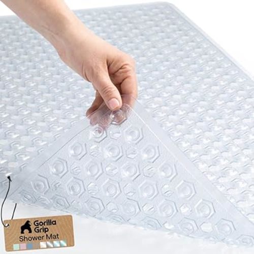 GORILLA GRIP Patented Bath Tub Shower Mat, Machine Washable Bathtub Floor Liner Mats, Suction Cups and Drain Holes to Keep Tubs Clean, Soft on Feet, Bathroom Essentials, 35x16 Inch, Clear