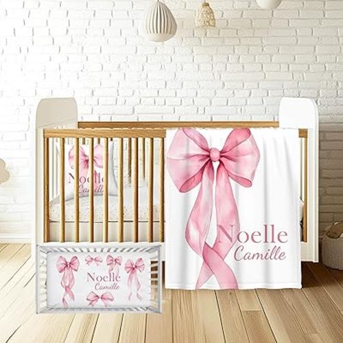 Custom Name Baby Girl Crib Bedding Set – Personalized 3-Piece Nursery Set with Bow Pink Blanket, Fitted Sheet & Pillowcase – Infant & Toddler Nursery Gift