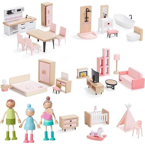 Giant bean 36pcs Wooden Dollhouse Furniture Set with Dolls for 5 Rooms, Wood & Plastic Pink Dollhouse Accessories Pretend Play Furniture Toy Christmas Birthday Gift Toy for Kids Boys Girls Toddler 3+