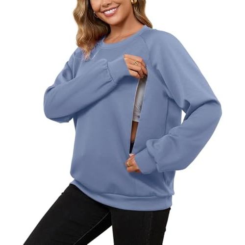 DEBELLY Nursing Friendly Sweatshirt for Breastfeeding Women Dual Zippers Nursing Top Long Sleeve Crew Neck Casual Wear