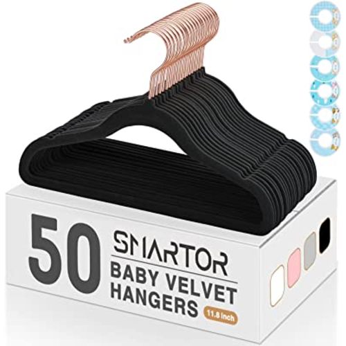 Premium Velvet Baby Hangers for Closet 50 Pack, 11.8" Safe Durable Baby Clothes Hangers for Nursery with 6 Pcs Closet Dividers, Sturdy Felt Hangers for Toddler/Infant/Kids/Childrens - Black